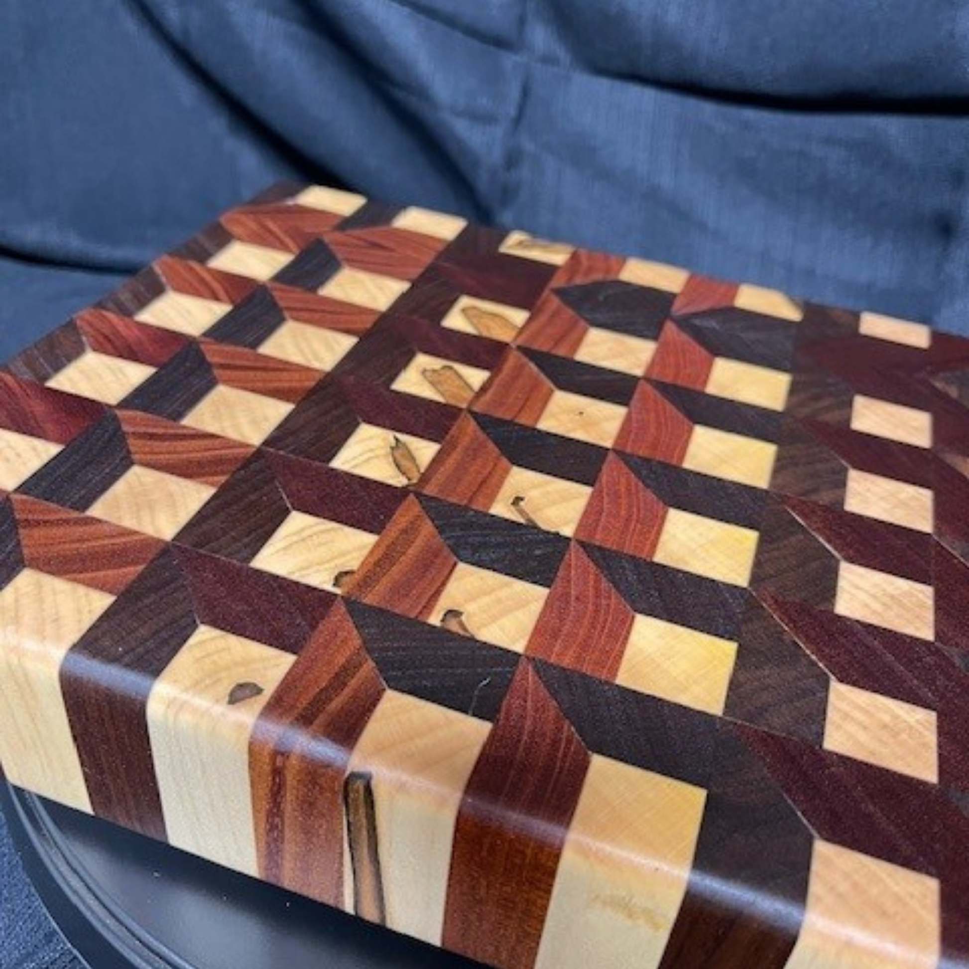3D cubic design cutting board handcrafted from solid hardwood by Hoeksema Woodworking