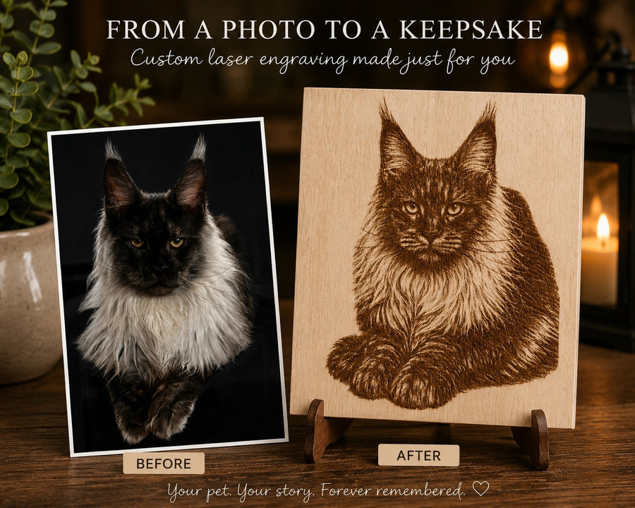 Black Maine Coon photo beside the finished custom wood engraving