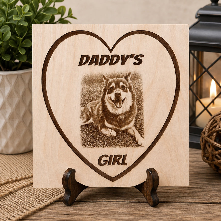 Custom dog portrait laser engraving on wood with Daddy's Girl heart design
