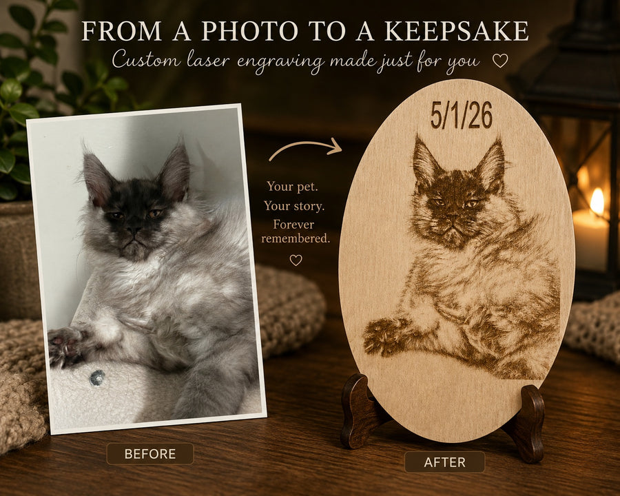 Gray Maine Coon photo beside a dated custom oval wood engraving