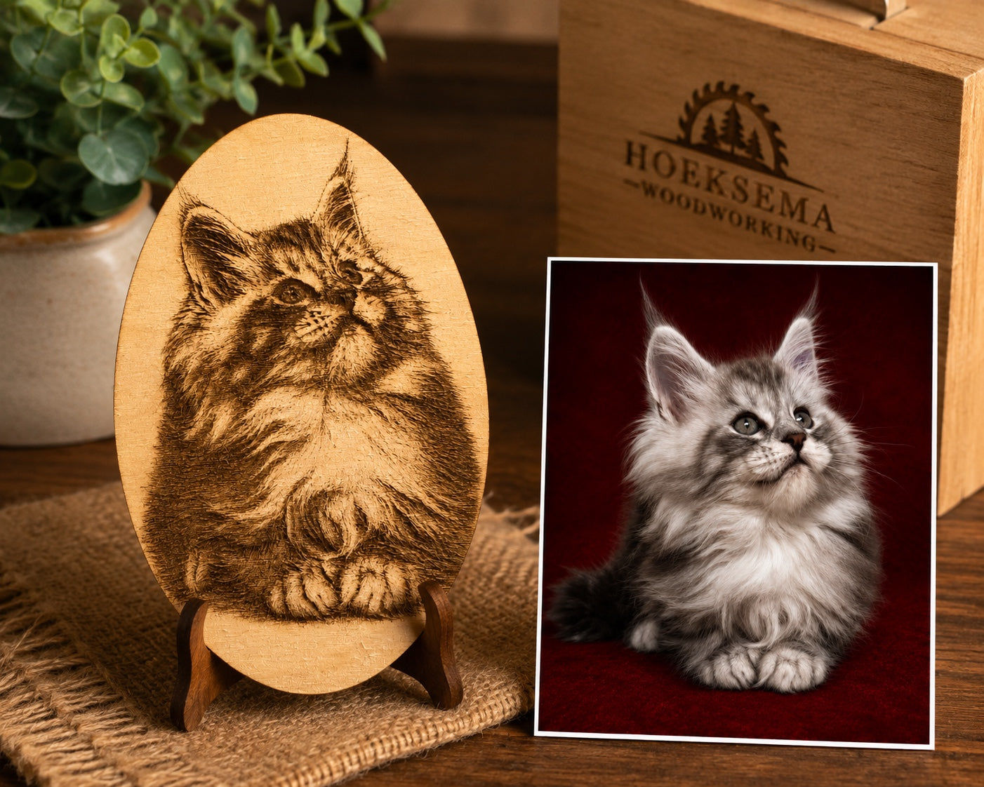 Custom pet portrait laser engraved on wood