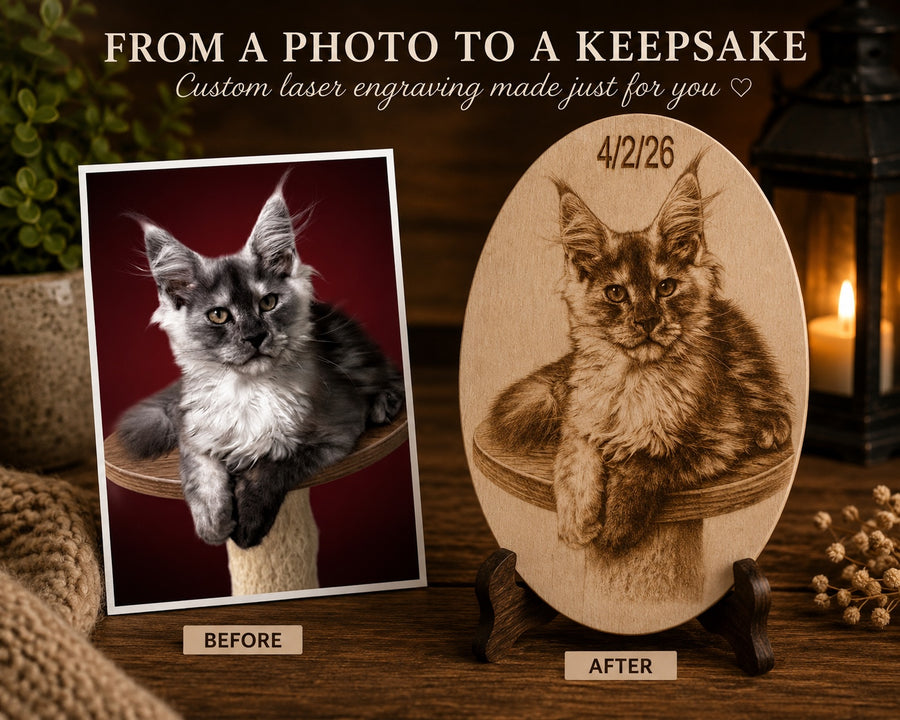 Maine Coon kitten photo beside a custom oval wood engraving