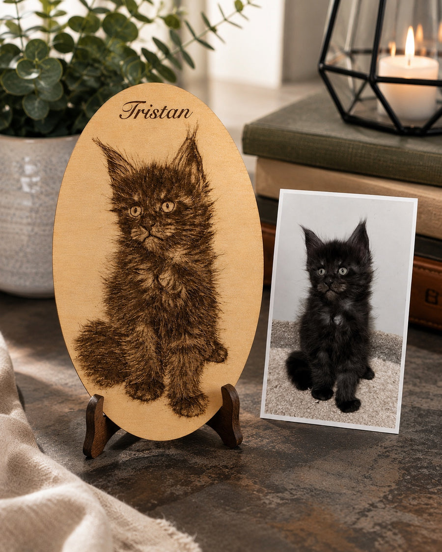 Alternate view of Tristan Maine Coon laser-engraved wood portrait with original photo